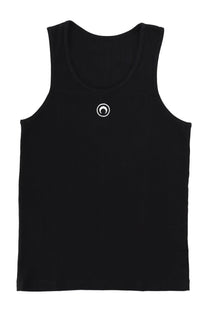 Marine Serre men’s black sleeveless tank top with a small white circular embroidered logo on the upper chest