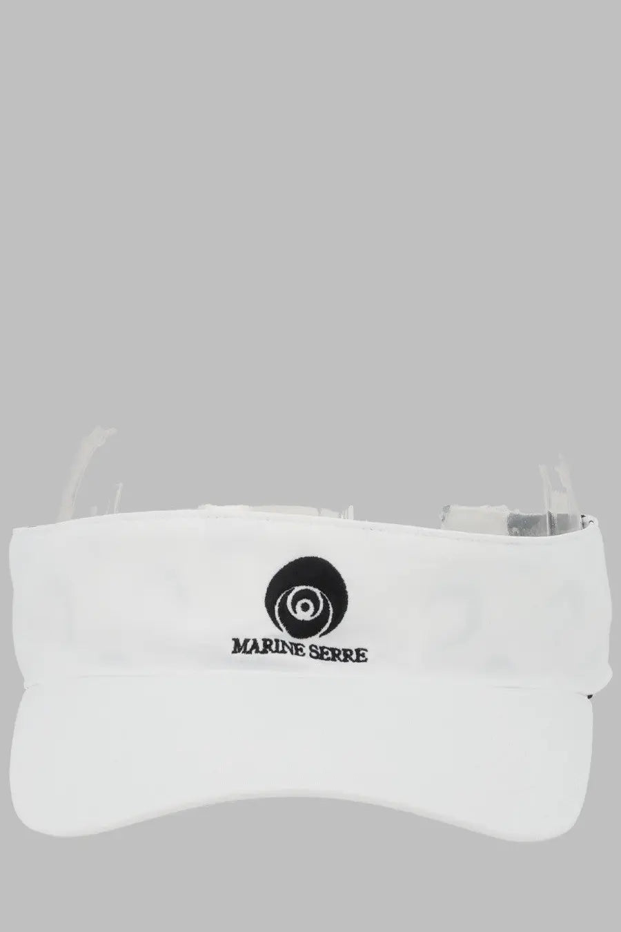 Marine Serre men’s visiera con white visor with black embroidered logo and brand name on front