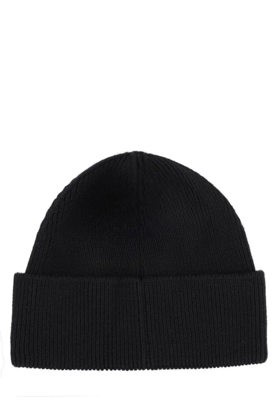 Black ribbed knit beanie with folded cuff by Marine Serre unisex cap in black