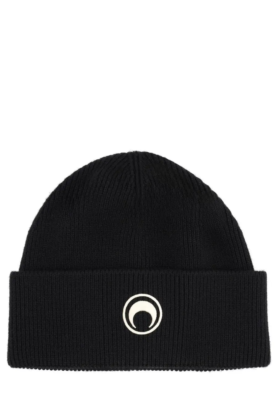 Black ribbed knit beanie with white circular logo on folded brim marine serre unisex cap black