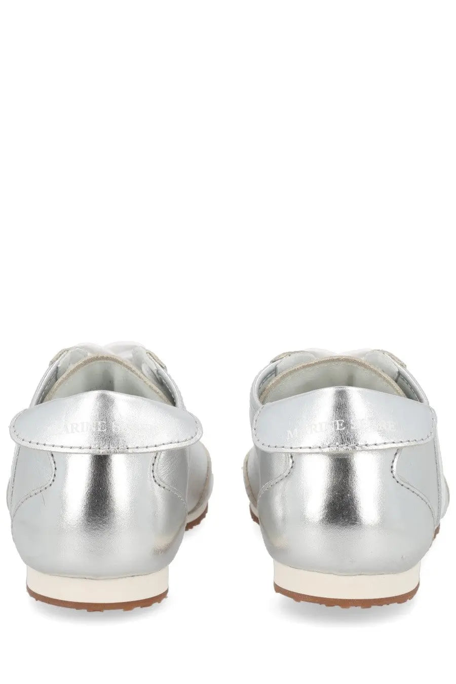 Marine serre women’s astra sneaker silver metallic leather loafers with sleek reflective finish and white soles
