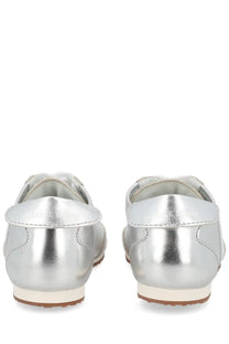 Marine serre women’s astra sneaker silver metallic leather loafers with sleek reflective finish and white soles