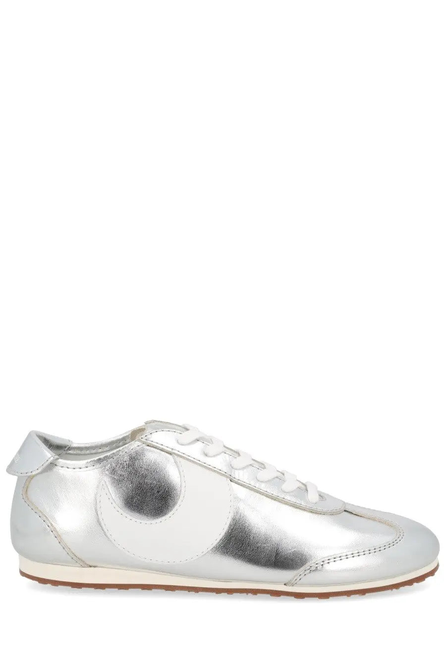 Marine serre women’s astra sneaker silver metallic leather with white circular logo and white laces