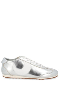 Marine serre women’s astra sneaker silver metallic leather with white circular logo and white laces