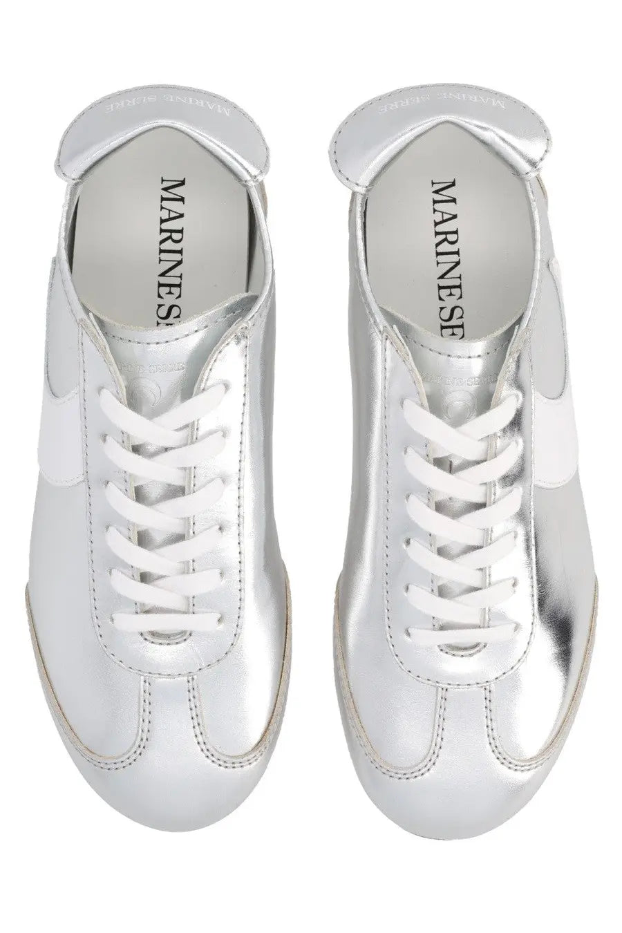 Marine serre women’s astra sneaker silver with silver metallic finish white laces and sleek reflective material