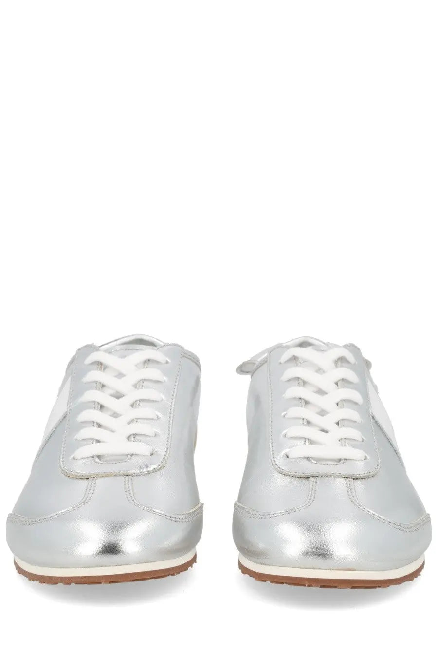 Marine serre women’s astra sneaker silver metallic with white laces and brown rubber sole in stylish design