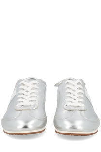 Marine serre women’s astra sneaker silver metallic with white laces and brown rubber sole in stylish design