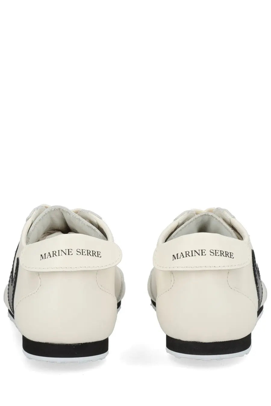 Marine serre women’s astra sneaker white cream-colored leather with black accents shown from the back side with branding