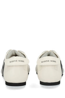 Marine serre women’s astra sneaker white cream-colored leather with black accents shown from the back side with branding