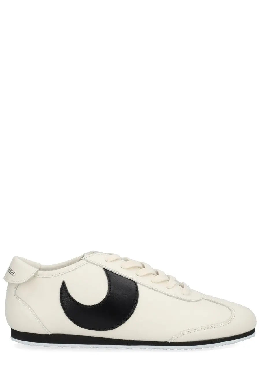 Cream-colored leather marine serre women’s astra sneaker with bold black crescent moon logo on the side