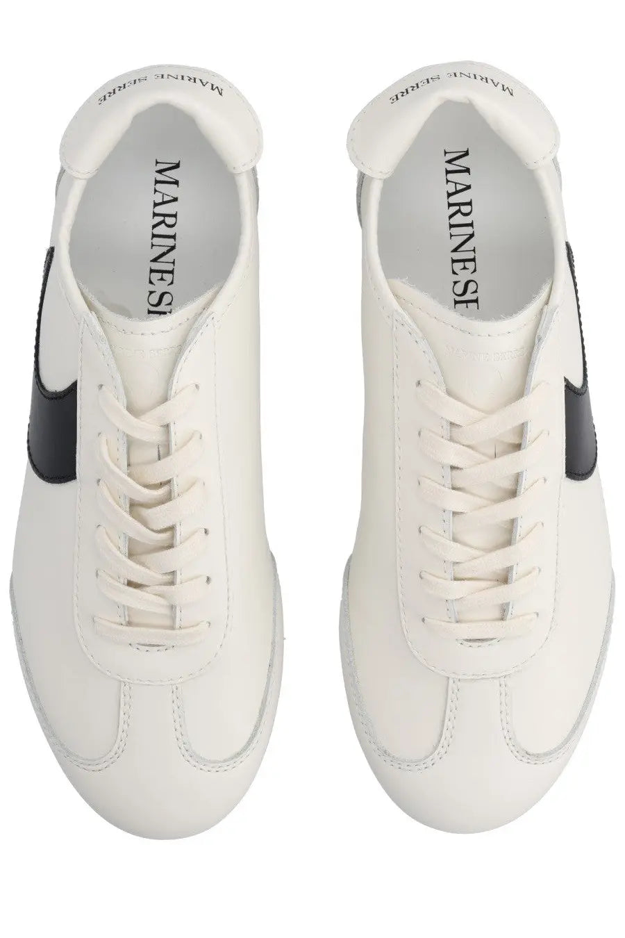Marine serre women’s astra sneaker white leather with black side stripes and marine serre branding on the insole