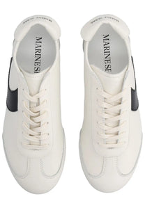 Marine serre women’s astra sneaker white leather with black side stripes and marine serre branding on the insole