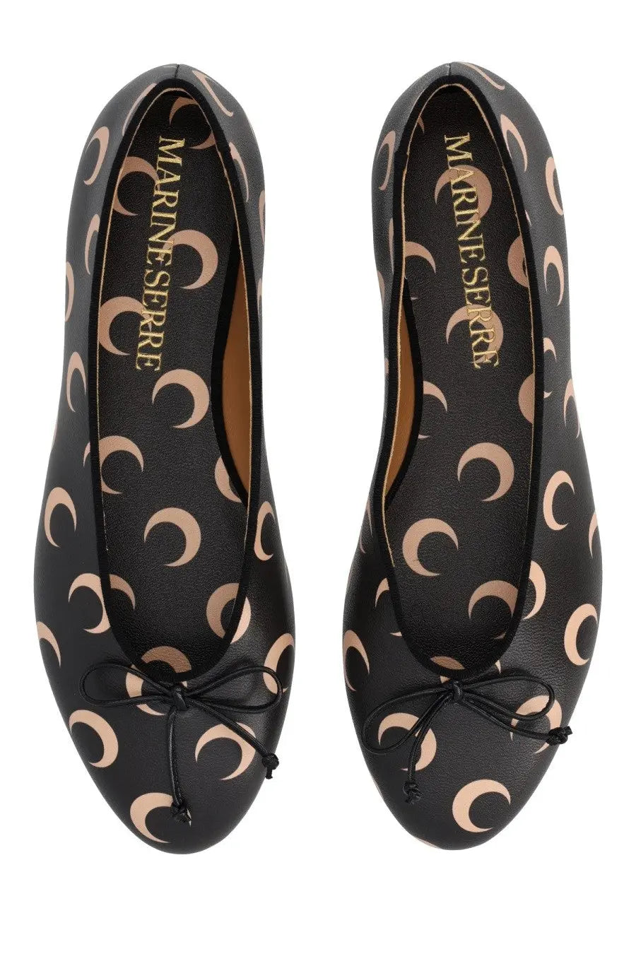 Marine Serre women’s ballerina moon black flats with beige crescent moon pattern and small black bow at the toe