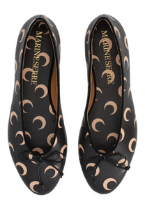 Marine Serre women’s ballerina moon black flats with beige crescent moon pattern and small black bow at the toe
