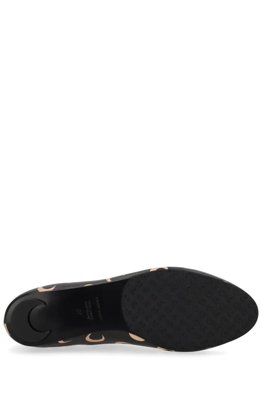 Marine serre women’s ballerina moon black flat shoe with rose gold circular accents along the sole front view