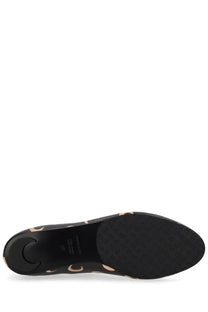 Marine serre women’s ballerina moon black flat shoe with rose gold circular accents along the sole front view