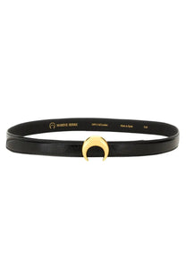 Marine serre women’s black leather belt featuring a gold-toned crescent moon buckle for stylish wear