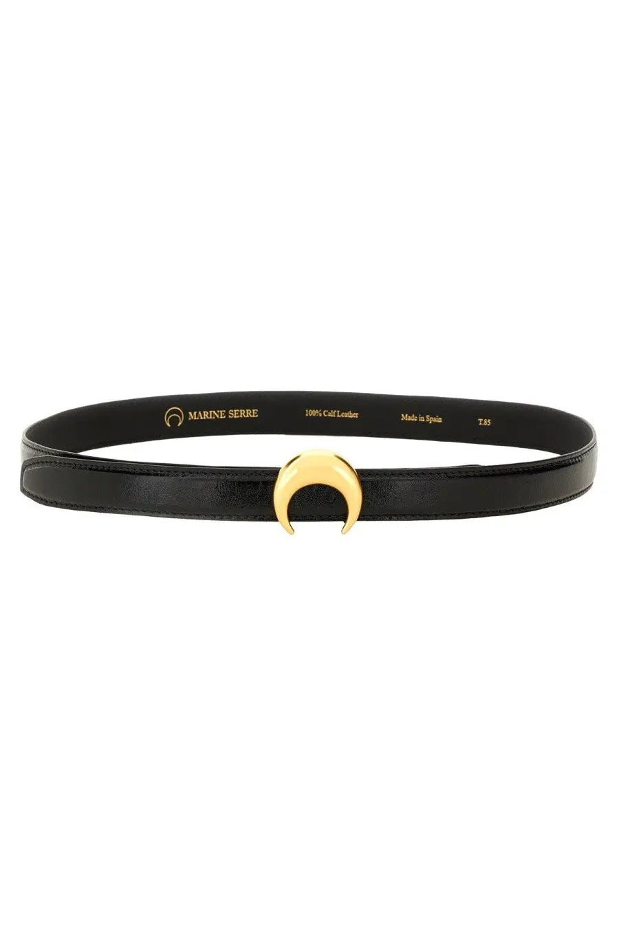 Marine serre women’s black leather belt with a gold-toned crescent moon buckle