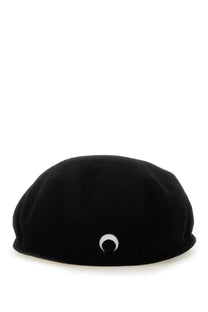 Marine serre women’s black velvet beret with a subtle white crescent moon embroidered on the front