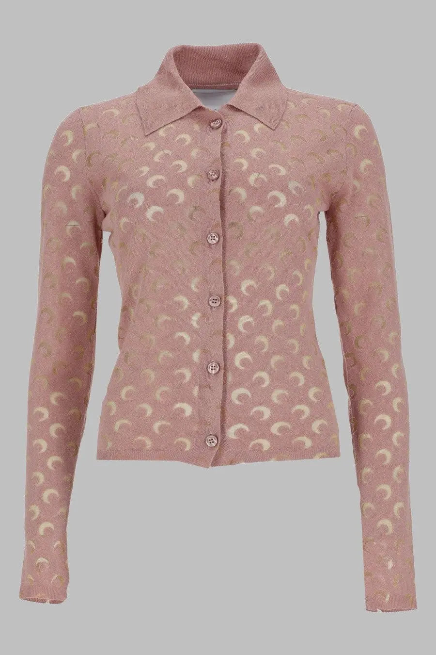 Marine Serre women’s soft pink knitted cardigan with cream crescent moon pattern and subtle texture