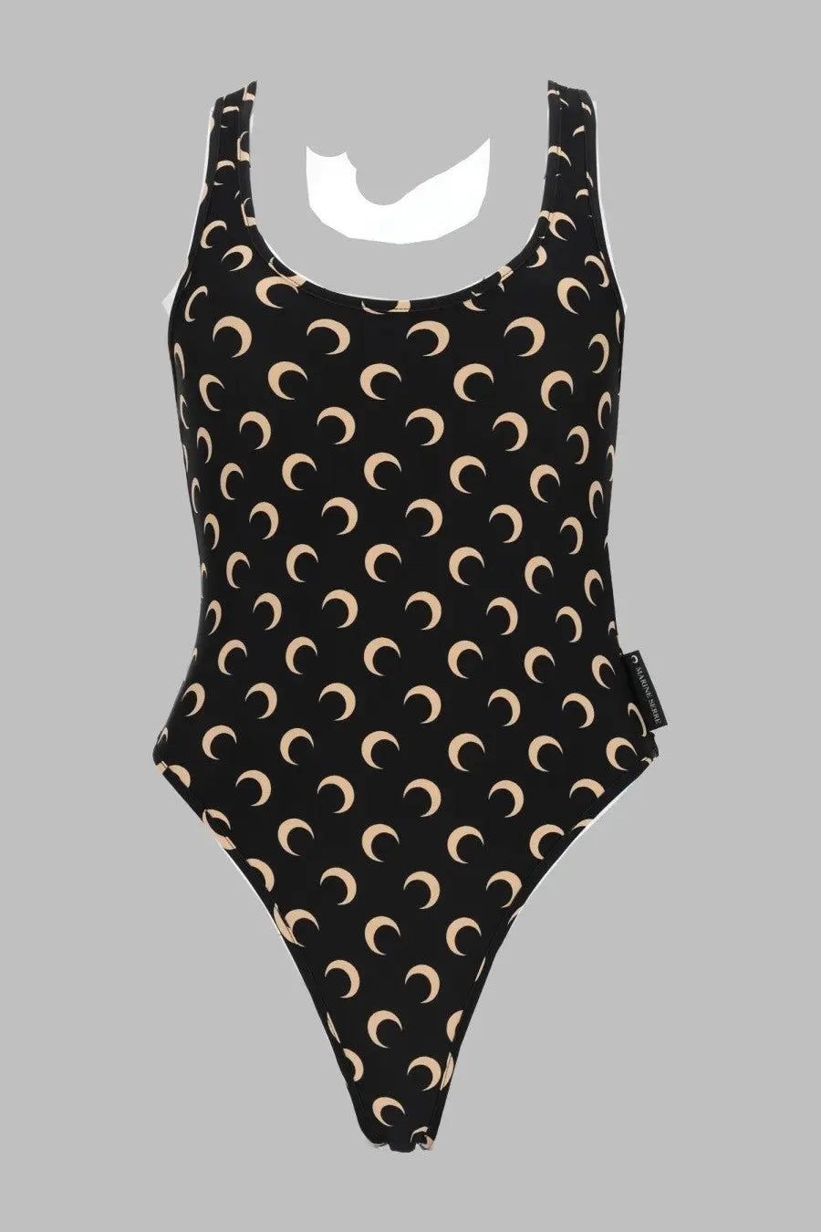 Marine Serre women’s black one-piece swimsuit with repeating beige crescent moon pattern for beachwear