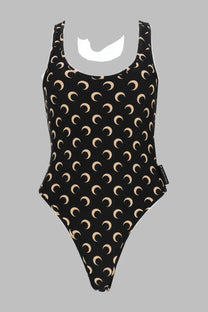 Marine Serre women’s black one-piece swimsuit with repeating beige crescent moon pattern for beachwear