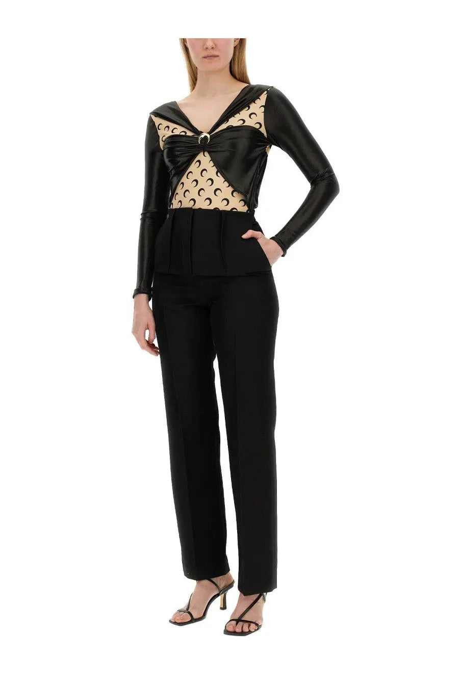 Marine Serre womens black long-sleeved draped bodysuit with beige bodice and black crescent moon motifs and bow accent