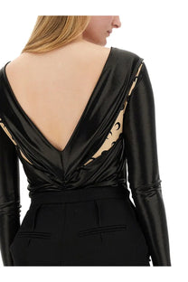Back view of Marine Serre womens black satin long sleeved bodysuit with deep v-back and beige crescent moon pattern