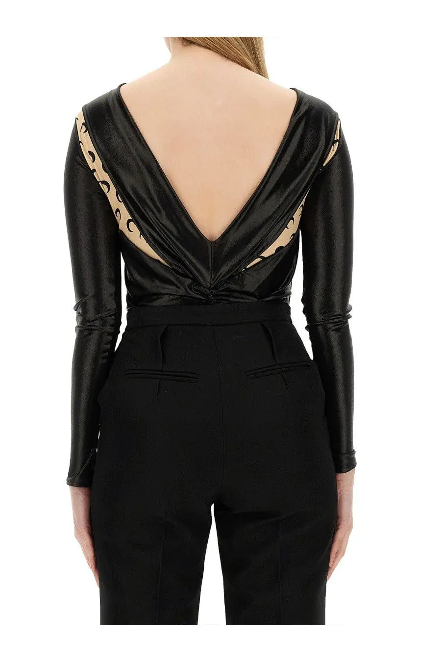 Back view of marine serre women’s black satin draped bodysuit with deep v-back and beige leopard-print shoulder panels