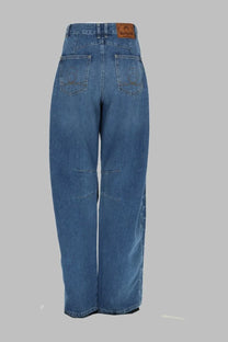 Marine serre women’s high-rise wide-leg blue denim jeans in organic cotton with subtle distressing on the knees