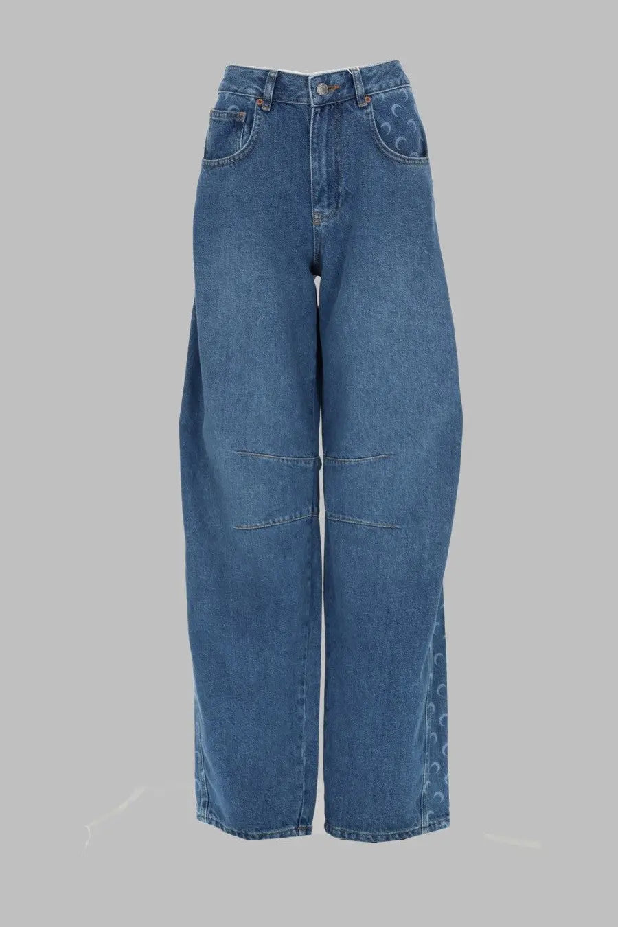 Marine serre women’s blue denim jeans with wide-leg cut and subtle moon pattern on side seams in organic cotton