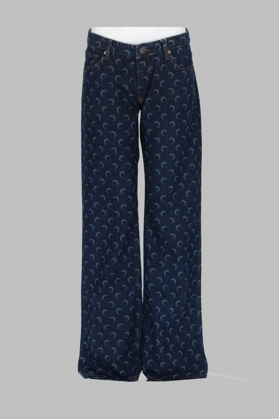 Marine Serre women’s dark blue denim wide-leg jeans with a light gray crescent moon pattern