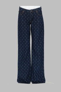 Marine Serre women’s dark blue denim wide-leg jeans with a light gray crescent moon pattern