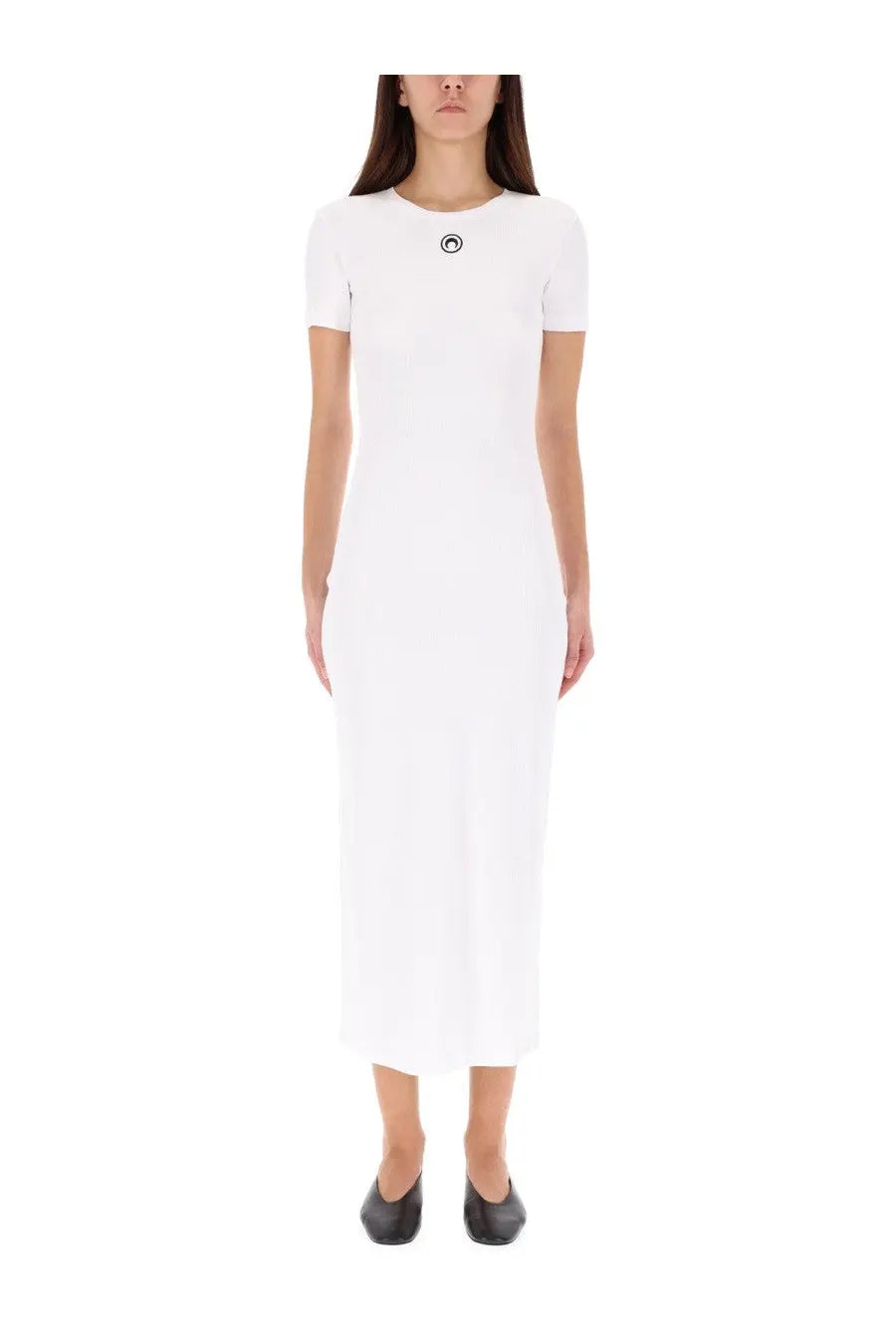Marine serre women midi dress moon white in white minimalist design with short sleeves and subtle circular logo at neckline