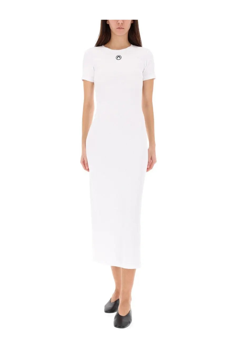 Marine serre women’s midi dress moon white in white minimalist design with short sleeves and subtle circular logo at neckline