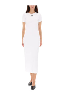 Marine serre women’s midi dress moon white in white minimalist design with short sleeves and subtle circular logo at neckline