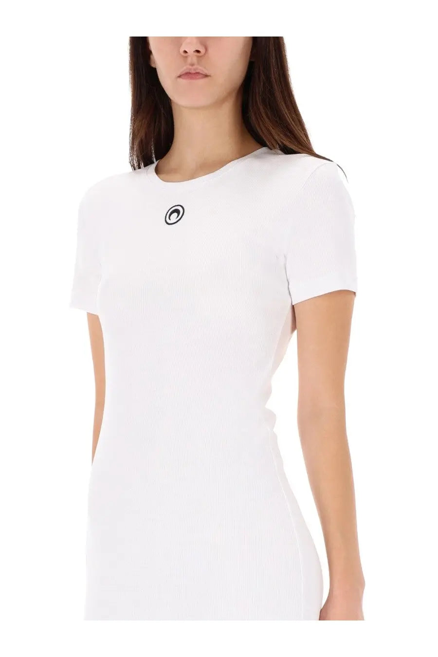 Marine Serre women’s midi dress in moon white with short sleeves and a subtle black circular logo at the neckline