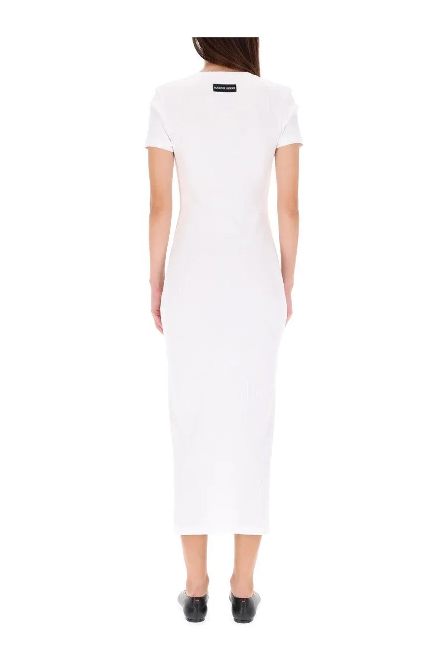 Marine serre women’s midi dress moon white in white form fitting fabric with short sleeves and round neckline