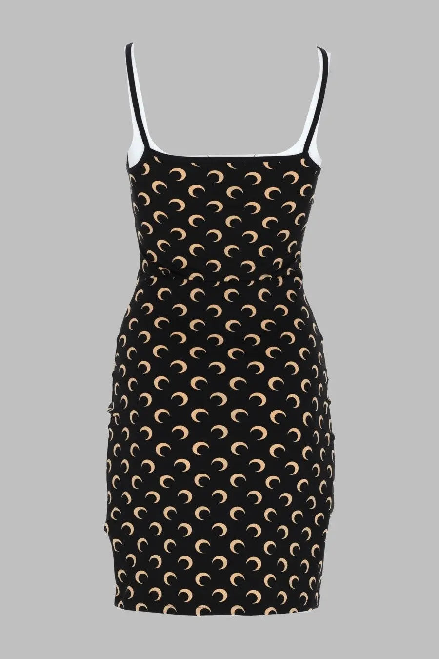 Marine serre women’s mini abito moon black spaghetti strap dress with black and beige crescent moon pattern and white trim
