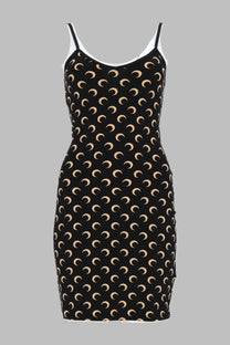 Marine serre women’s mini abito moon black spaghetti strap dress with black crescent moon pattern and white trim