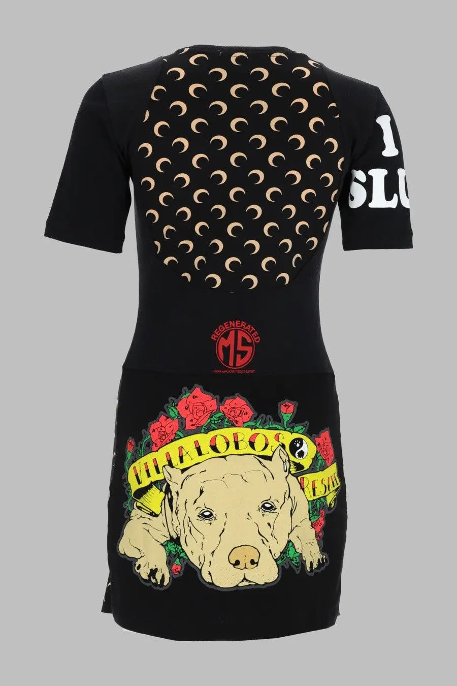 Marine serre women’s mini abito upcycled black dress with back panel featuring beige moons and pitbull graphic with roses