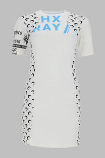 Marine Serre women’s mini abito upcycled white t-shirt dress with black crescent moon prints and light blue lettering