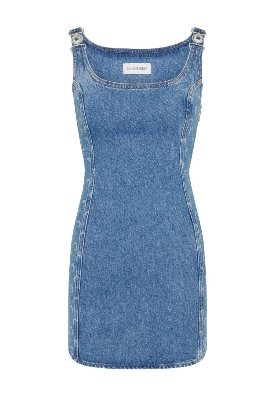Marine serre women’s moon laser mini dress is a fitted medium-wash blue denim dress with a square neckline and adjustable straps