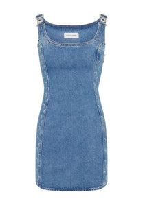 Marine serre women’s moon laser mini dress is a fitted medium-wash blue denim dress with a square neckline and adjustable straps