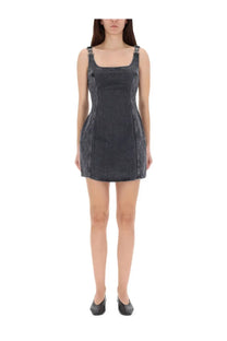 Marine Serre women’s dark gray denim mini dress with square neckline and adjustable shoulder straps