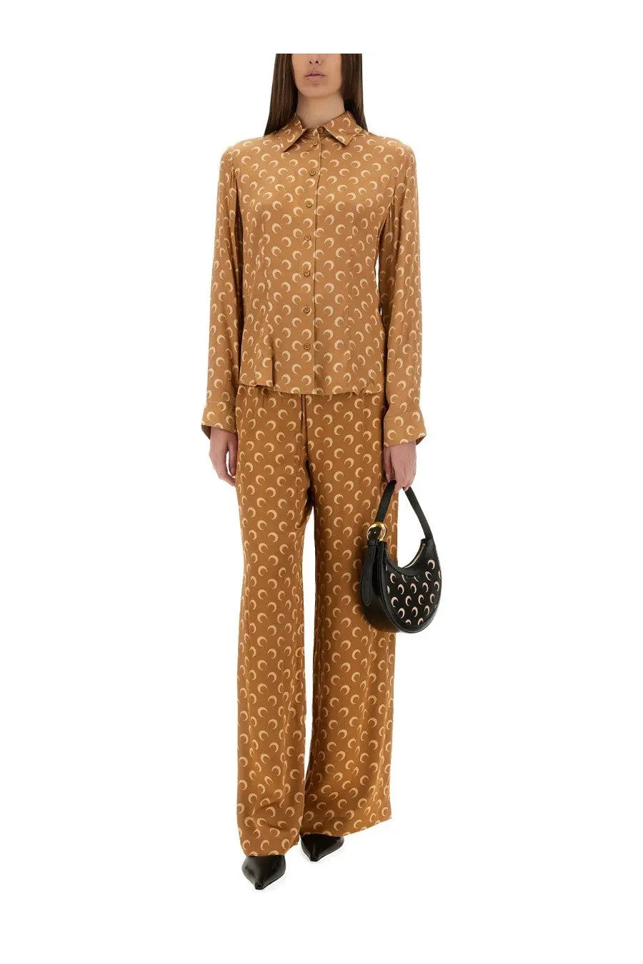 Black studded crescent moon handbag with leather texture complementing marine serre women’s moon satin shirt beige