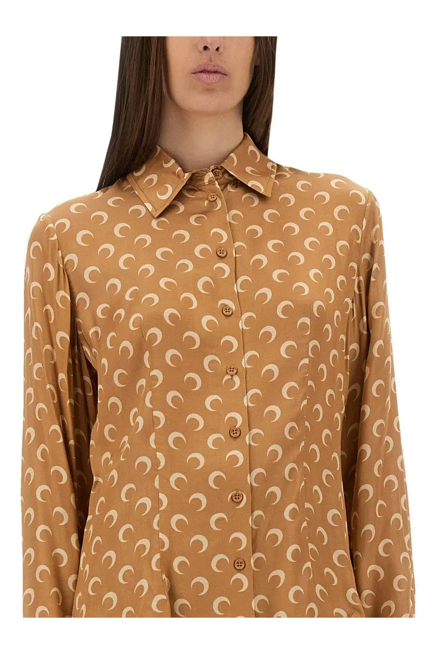 Marine serre women’s moon satin shirt beige featuring tan button-up design with white crescent moon pattern and matching buttons