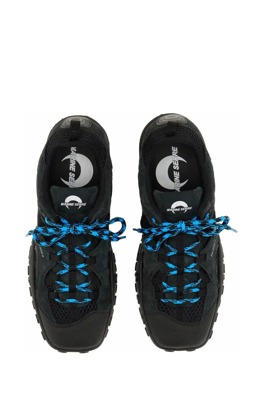 Marine serre women’s ms rise II sneaker black with vibrant blue laces white crescent moon logo and breathable mesh panels