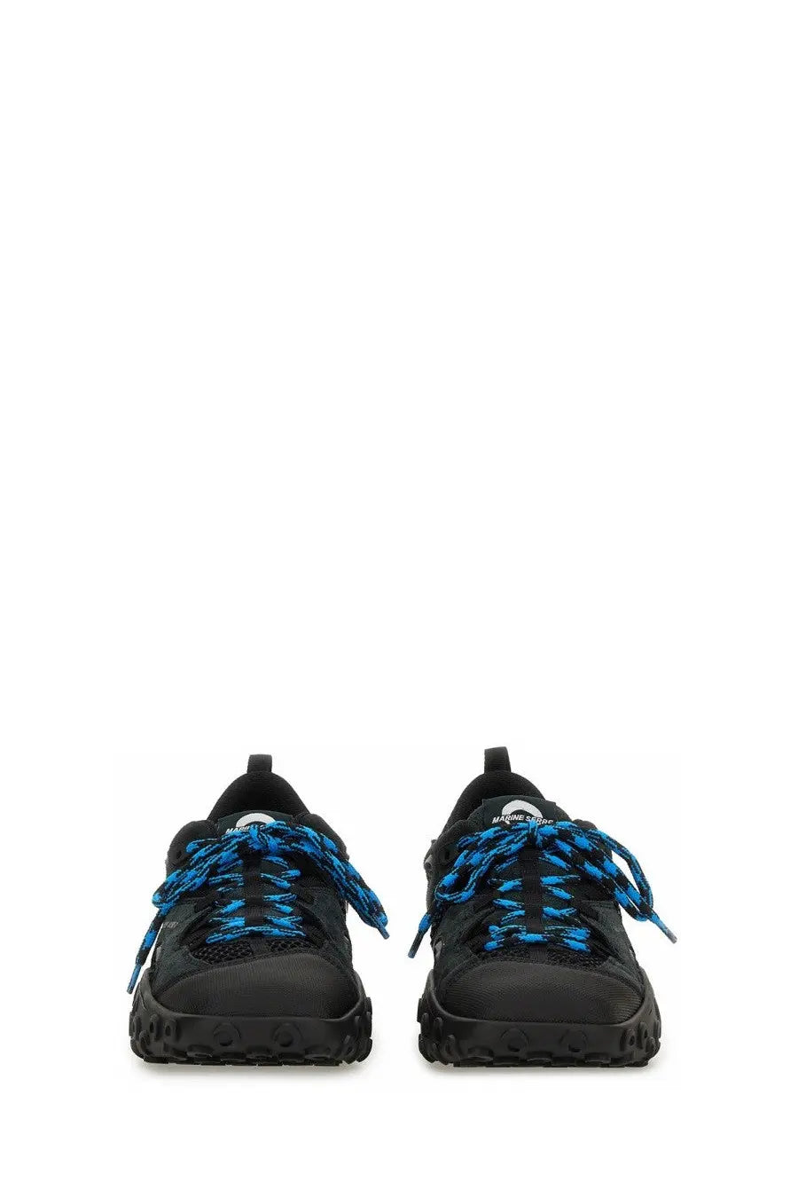 Marine serre women’s ms rise ii sneaker black featuring black athletic design with vibrant blue laces and rugged sole