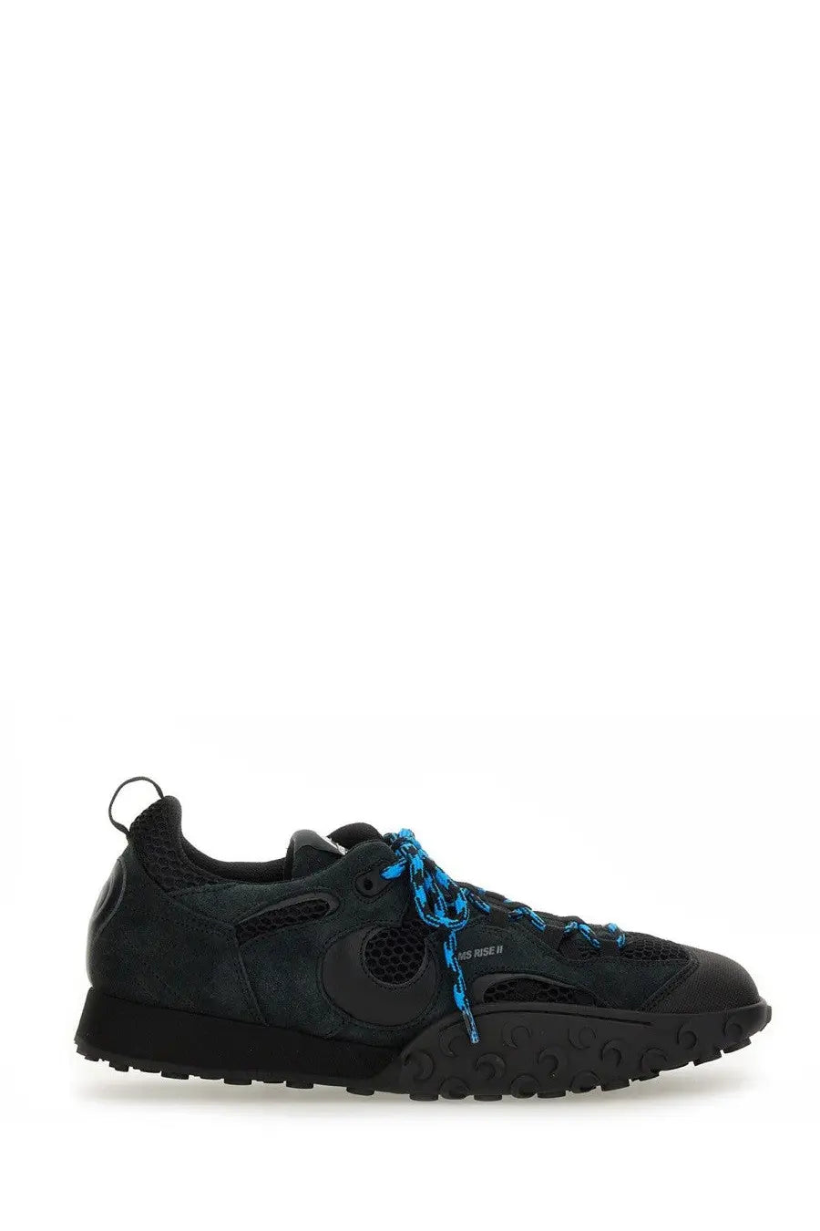 Marine Serre women’s ms rise ii sneaker black with blue laces and textured rubber sole close up of side view